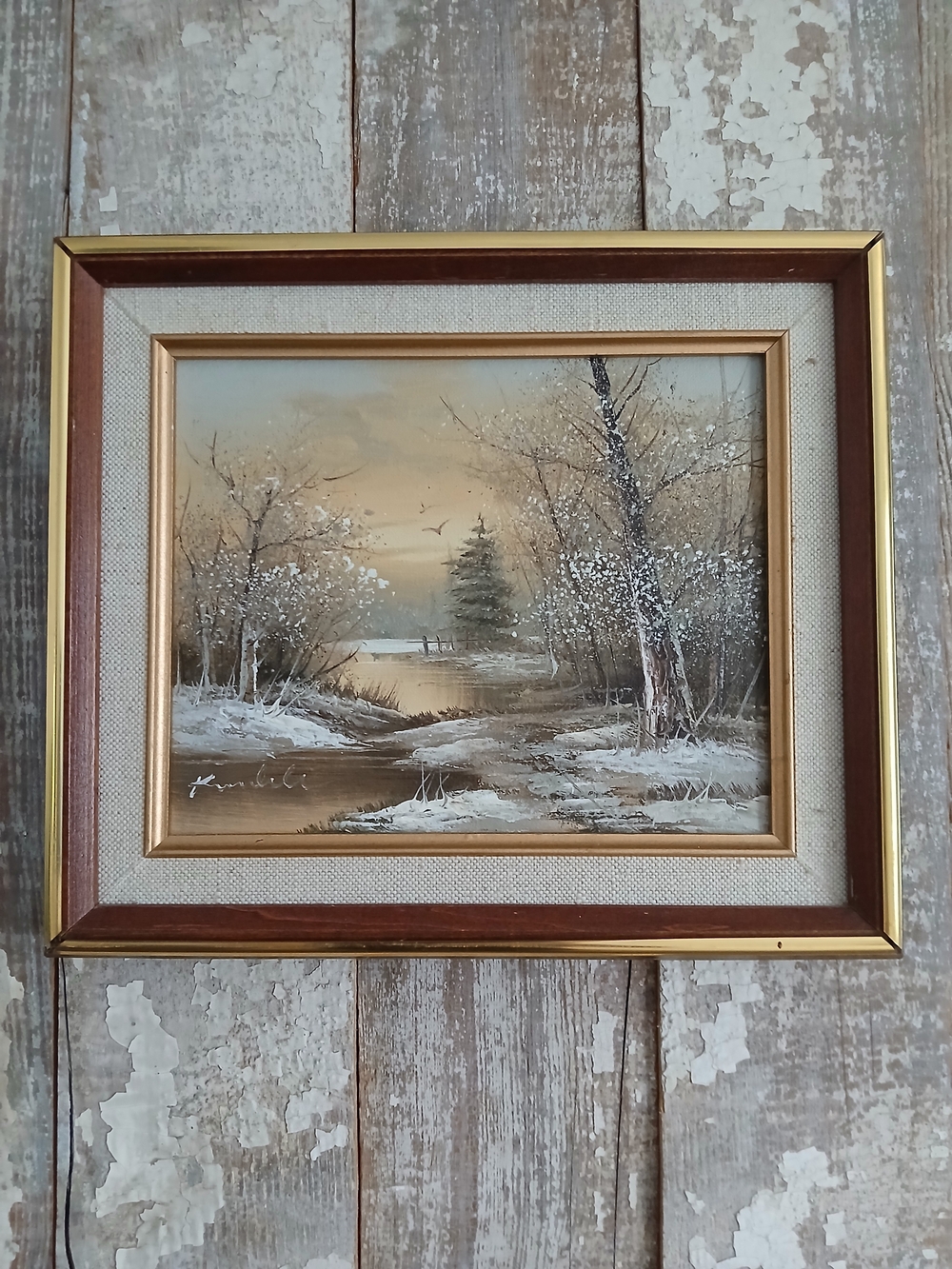 Vintage Wood Framed Winter Landscape Paint With Linnen - Neutral Tones